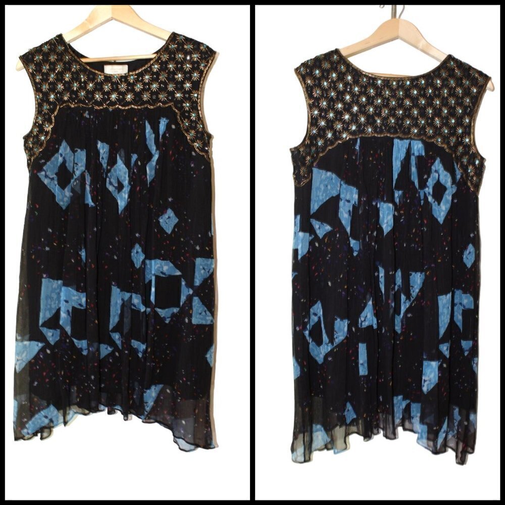 Moulinette Soeurs gold & blue beaded Embellished Mini dress Siz 8 spring ASIS
